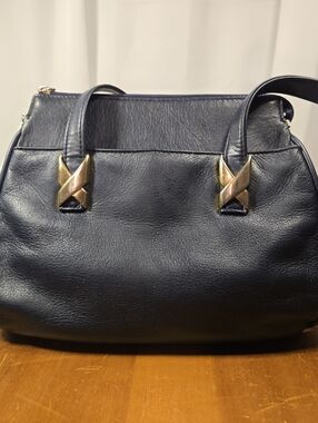 Vintage 90s Classic Navy Leather Satchel Handbag with Gold Accents